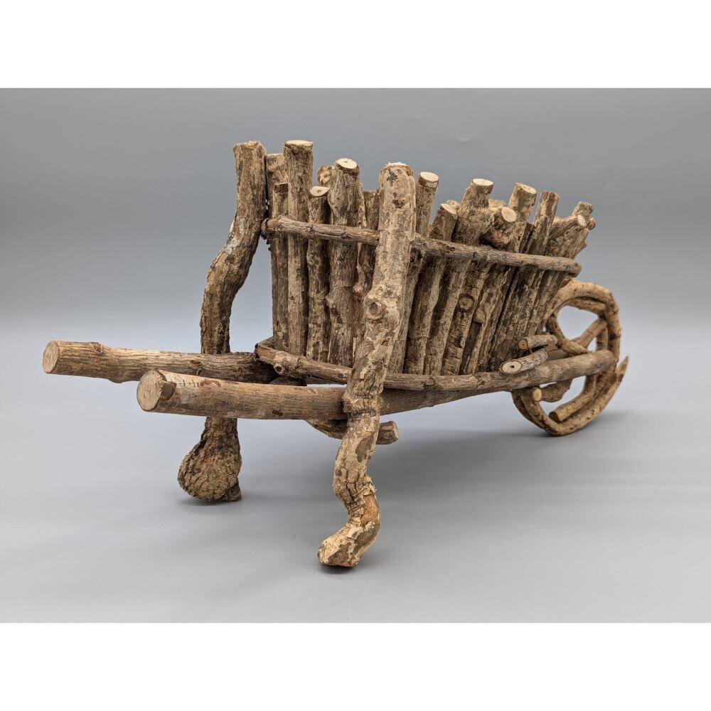 Vintage Hand Made Wood Working Driftwood Stick Logs Wheel Barrow 21" x 10" - Picture 8 of 13